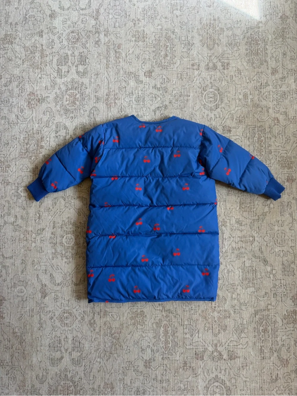 NWT TINY COTTONS Blue Kids Puffer Coat with Red Cherry Print
